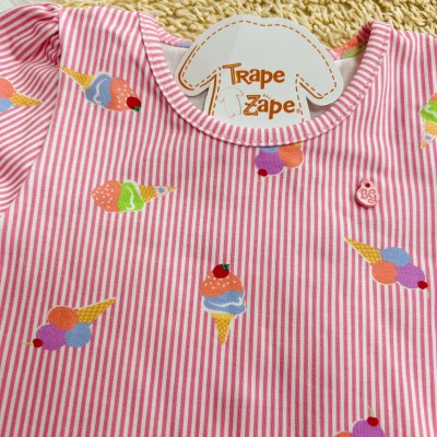 Conj. Blusa Listrada Sorvetinhos e Short Saia - Rosa